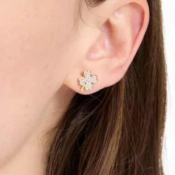 Kate Spade Lucky Charm Gold-Tone Pavé Crystal Clover Stud Earrings NWT - Picture 4 of 8